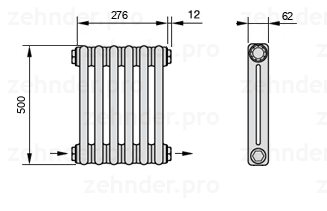 Схема (чертеж) Радиатор Zehnder Charleston 2050/6 №2670 Белый глянцевый RAL 9016